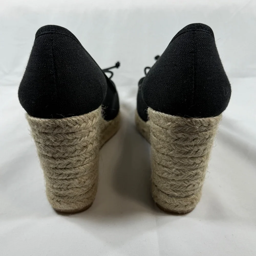 J. Crew Seville Black Canvas Espadrille Wedge Pumps Bow Detail Made in Spain